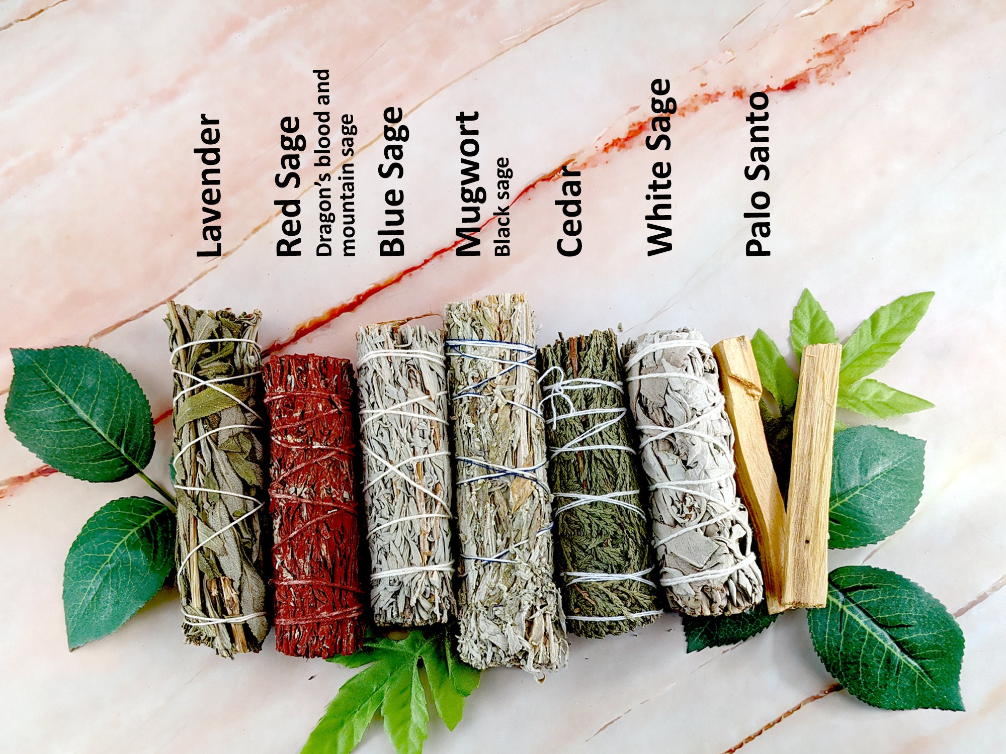 Smudge kit with white sage, red sage, lavender, cedar, mugwort, blue sage, yerba santa, palo santo, desert sage and more