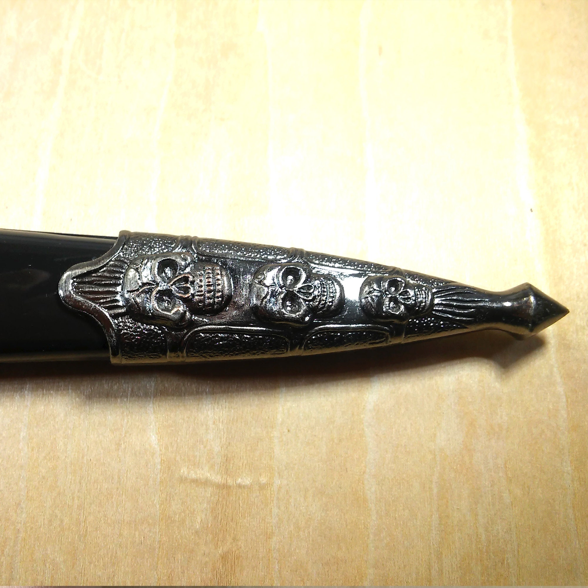 Black altar athame, adorned with skulls, matching sheath, ritual dagger with antique silver finish, 12-1/2" #20368