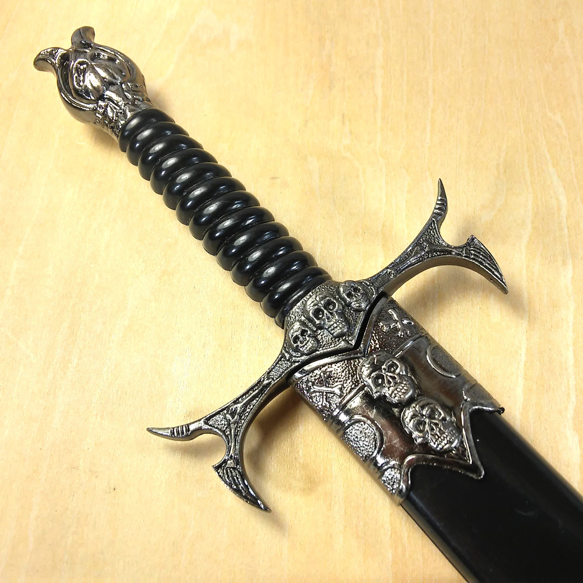 Black altar athame, adorned with skulls, matching sheath, ritual dagger with antique silver finish, 12-1/2" #20368