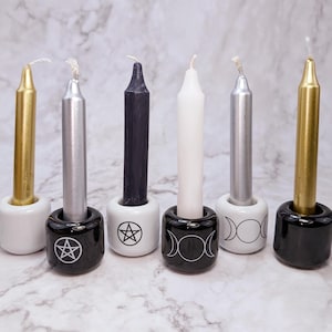 Spell candle holder, ceramic chime candle holders with pentacle, triple moon, or plain, in black or white