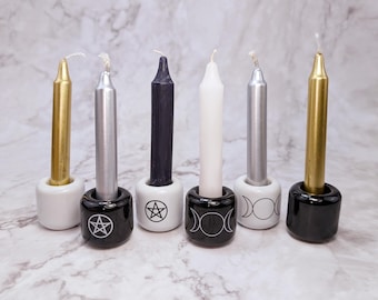 Spell candle holder, ceramic chime candle holders with pentacle, triple moon, or plain, in black or white