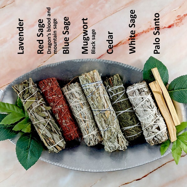 Smudge kit with white sage, red sage, lavender, cedar, mugwort, blue sage, palo santo, #20954