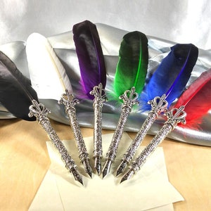 Feather quill pen, dip pen with antiqued silver embossed handle, assorted colors, stand included