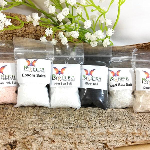 Ritual salt set, one 2x3 bag of each, fine sea salt, coarse sea salt, dead sea salt, black salt, Himalayan pink salt, Epsom salt #20545