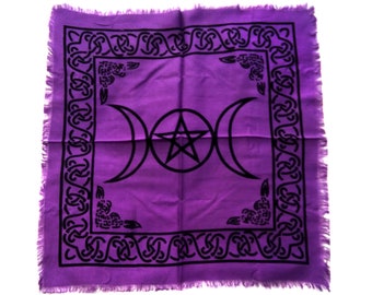 Triple moon altar cloth, tarot cloth, purple with black print, 18" x 18", #11273
