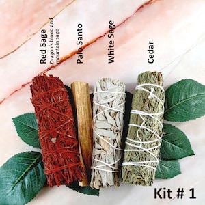 Smudge kit with white sage, red sage, lavender, cedar, mugwort, blue sage, yerba santa, palo santo, desert sage and more Kit # 1, #20955