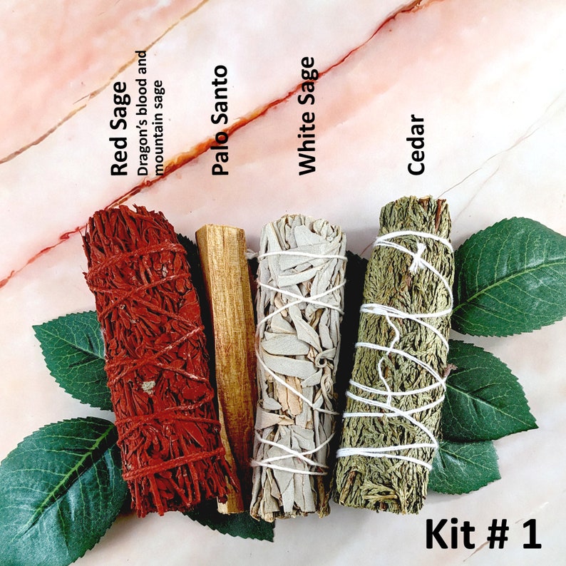 Smudge kit with white sage, red sage, lavender, cedar, mugwort, blue sage, yerba santa, palo santo, desert sage and more Kit # 1, #20955