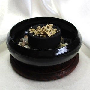 Incense burner and smudge bowl for charcoal, resin, incense and loose herbs, 3&quot; diameter censer with wood coaster, #20237