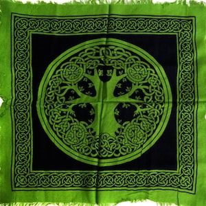 Tree of life altar cloth, tarot cloth, 18&quot; x 18&quot; green with black print  #11179