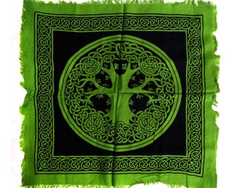 Tree of life altar cloth, tarot cloth, 18" x 18" green with black print  #11179