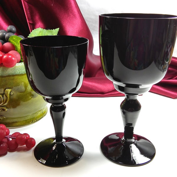Vintage altar chalice, hand blown black amethyst glass, circa 1950s, styled after New Martinsville Moondrop, 6" or 7" goblet or 5" champagne