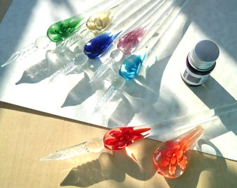 Glass dip pen, calligraphy pen, hand blown crystal glass dipping pen, 7-1/4" long, 5 colors