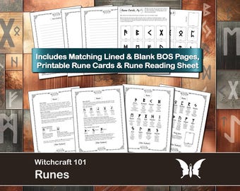 Pode incluir: Um conjunto de cartas de runas imprimíveis, uma folha de leitura de runas e páginas em branco do Livro das Sombras. O conjunto inclui páginas em branco e com linhas correspondentes para um Livro das Sombras, cartas de runas imprimíveis e uma folha de leitura de runas. O texto "Includes Matching Lined & Blank BOS Pages, Printable Rune Cards & Rune Reading Sheet" está impresso em um fundo branco.