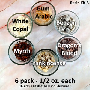 May include: Resin Kit B, a 6 pack of 1/2 ounce jars of incense resins. The resins include: White Copal, Gum Arabic, Benzoin, Myrrh, Dragon's Blood, and Frankincense. This resin kit does NOT include a burner.