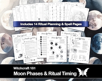 Moon Phases and Spell Timing, Printable Book of Shadows Pages for Baby Witches and Beginners, Digital Grimoire Set, Downloadable PDF Pages