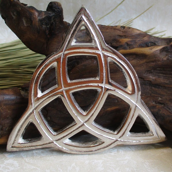 Triquetra altar tile, 3.5" side length, open cut, silver plated brass, #11073
