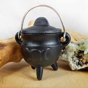 Cast iron cauldron with embossed triple moon, handle and lid, 3&quot; tall, 2-3/4&quot; diameter, for smudging, incense burning and ritual,  #20436