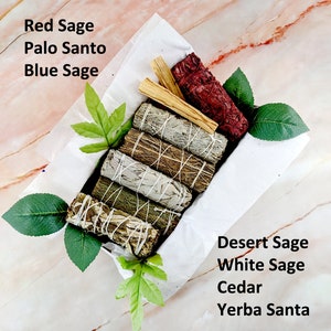 Smudge kit with white sage, red sage, desert sage, cedar, yerba santa, blue sage, palo santo, #20949