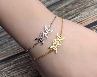 Triple moon bracelet, goddess bracelet, pentagram bracelet, ritual jewelry, wiccan jewelry, pagan bracelet, gold or silver