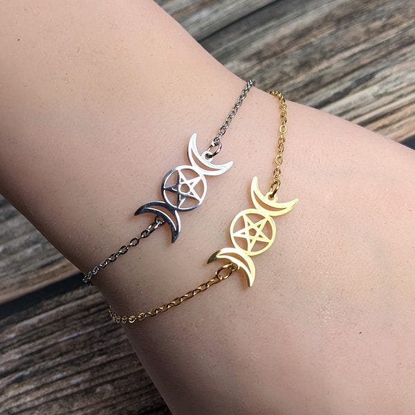 Triple moon bracelet, goddess bracelet, pentagram bracelet, ritual jewelry, wiccan jewelry, pagan bracelet, gold or silver