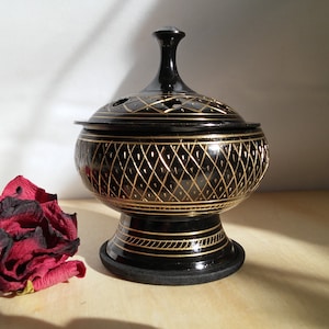 Charcoal incense burner for loose herbs and resin, incense holder for cone and stick incense, includes wood coaster, #20440