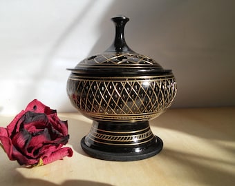 Charcoal incense burner for loose herbs and resin, incense holder for cone and stick incense, includes wood coaster, #20440