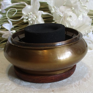 Incense burner for charcoal, for resin incense, cones and stick incense, 2-3/4&quot; diameter, includes wood coaster,  #11101