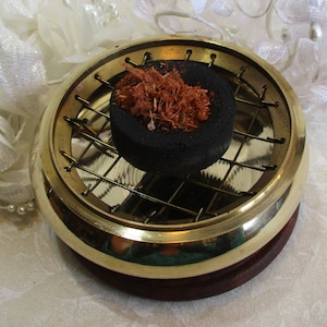 Incense burner for charcoal, for resin incense, cones and stick incense, 3&quot; diameter, includes wood coaster,  #11165