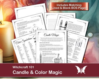 May include: A printable guide to candle magic, featuring a colour symbolism chart, instructions for candle carving and dressing, and tips for candle magic success. Includes matching lined and blank Book of Shadows pages. Witchcraft 101: Candle & Colour Magic.