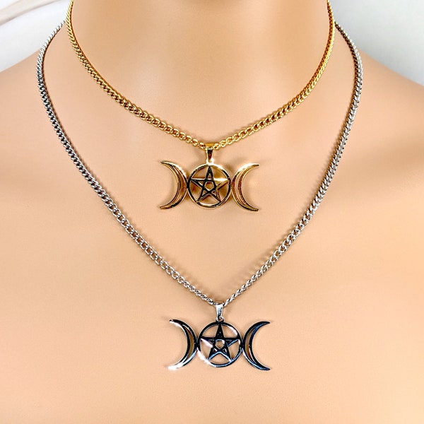 Triple moon necklace, goddess necklace, ritual jewelry, Wiccan jewelry, Pagan necklace, gold or silver stainless steel, 18" with 2" extender