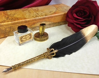 Gold tipped black feather quill pen gift set with antiqued gold embossed handle, stand, and ink well, #20697