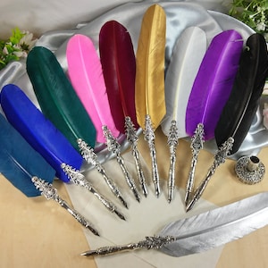 Feather quill pen with antiqued silver embossed handle, assorted colors, includes matching pen stand