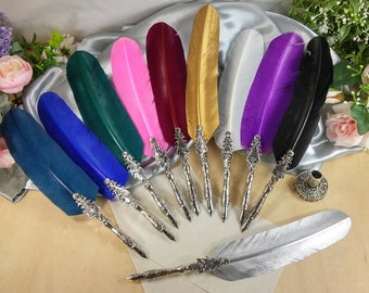 Feather quill pen with antiqued silver embossed handle, assorted colors, includes matching pen stand