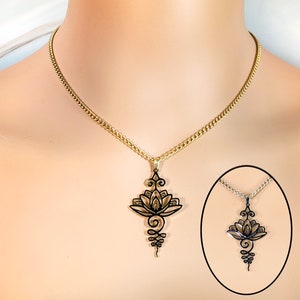 Unalome lotus necklace, unalome necklace, lotus necklace, meditation jewelry, gold or silver stainless steel, 18&quot; with 2&quot; extender