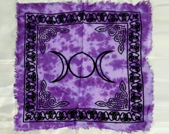 Triple moon altar cloth, tarot cloth, purple with black print, 18" x 18", #11155