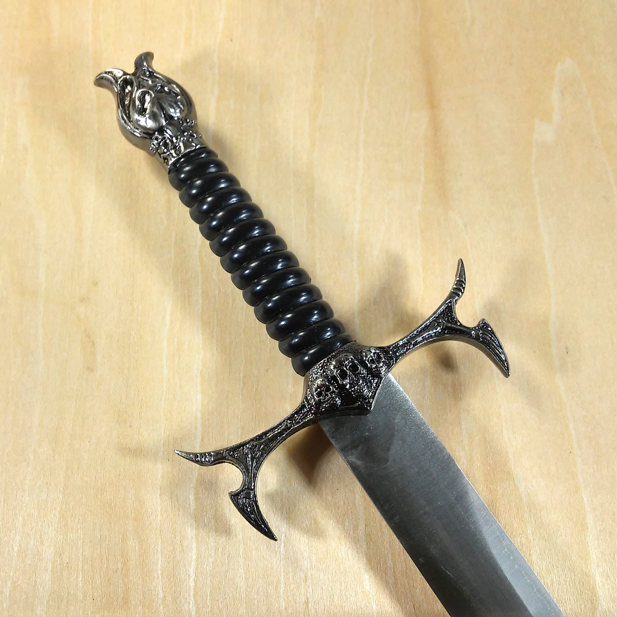 Black altar athame, adorned with skulls, matching sheath, ritual dagger with antique silver finish, 12-1/2" #20368
