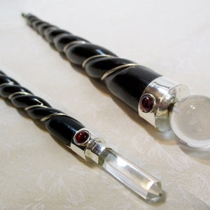 Black witch wand, altar tool for spells and witchcraft practices, with clear quartz on both ends, 11-1/2" , #11186