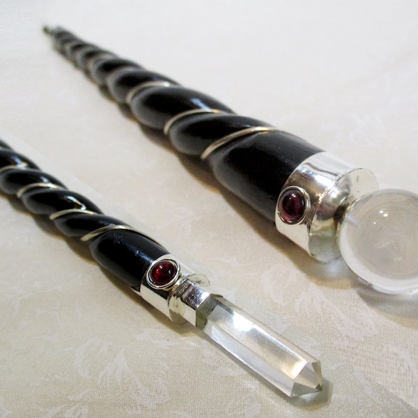 11-1/2" Black twisted rosewood wand, clear quartz tips on both ends, #11186