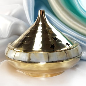 Incense burner for charcoal, resin incense, cones and stick incense, 4&quot; with mother of pearl inlay & cutout stars #20580