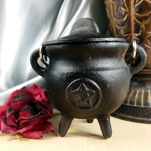 Cast iron cauldron with embossed pentacle, handle and lid, 3&quot; tall, 2-3/4&quot; diameter, for smudging, incense burning and ritual,  #20438