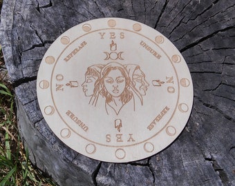 Wood pendulum board, pendulum mat with the image of the Maiden, Mother, and Crone, 6" diameter, #20768