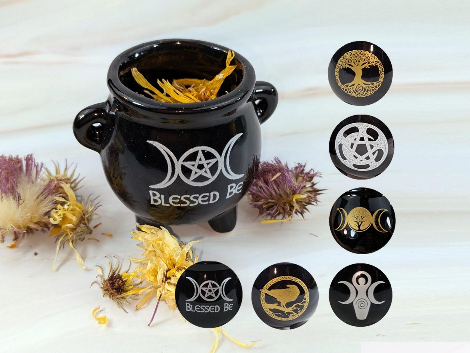 Mini Altar Cauldron | Black Ceramic Cauldron With Symbol for Candles ...