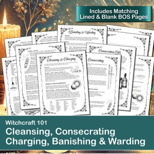 May include: A collection of black and white printed pages with text and illustrations, including "Cleansing & Charging" and "Consecrating." The image also features a lit candle and the text "Witchcraft 101" and "Includes Matching Lined & Blank BOS Pages."