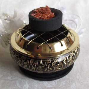 Incense burner for charcoal, for resin incense, cones and stick incense, 3&quot; diameter, includes wood coaster,  #11279
