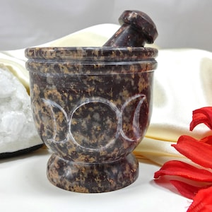 Mortar and pestle, spice and herb grinder, soapstone carved with triple moon symbol, #20569