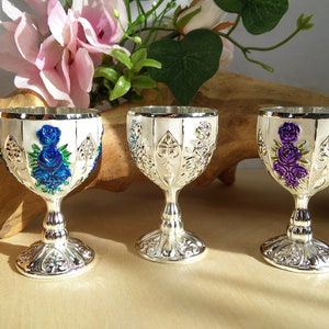 Mini altar chalice, 2-3/4&quot; tall, small silver cloisonne style wine goblet, 3 color variations to choose from