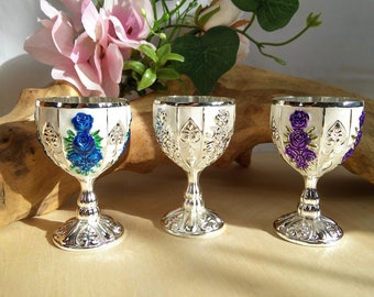 Mini altar chalice, 2-3/4" tall, small silver cloisonne style wine goblet, 3 color variations to choose from