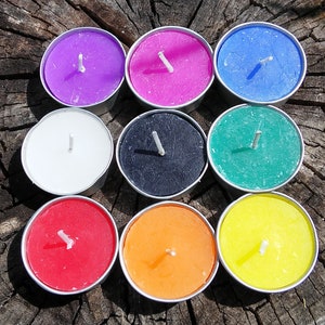 Tea light candle set, 9 pack assorted colors, unscented tea lights, ritual candles, altar candles, spell candles, approx. 4 hour burn #20358