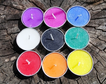 Tea light candle set, 9 pack, unscented, assorted colors, approx 4 hour burn time #20358