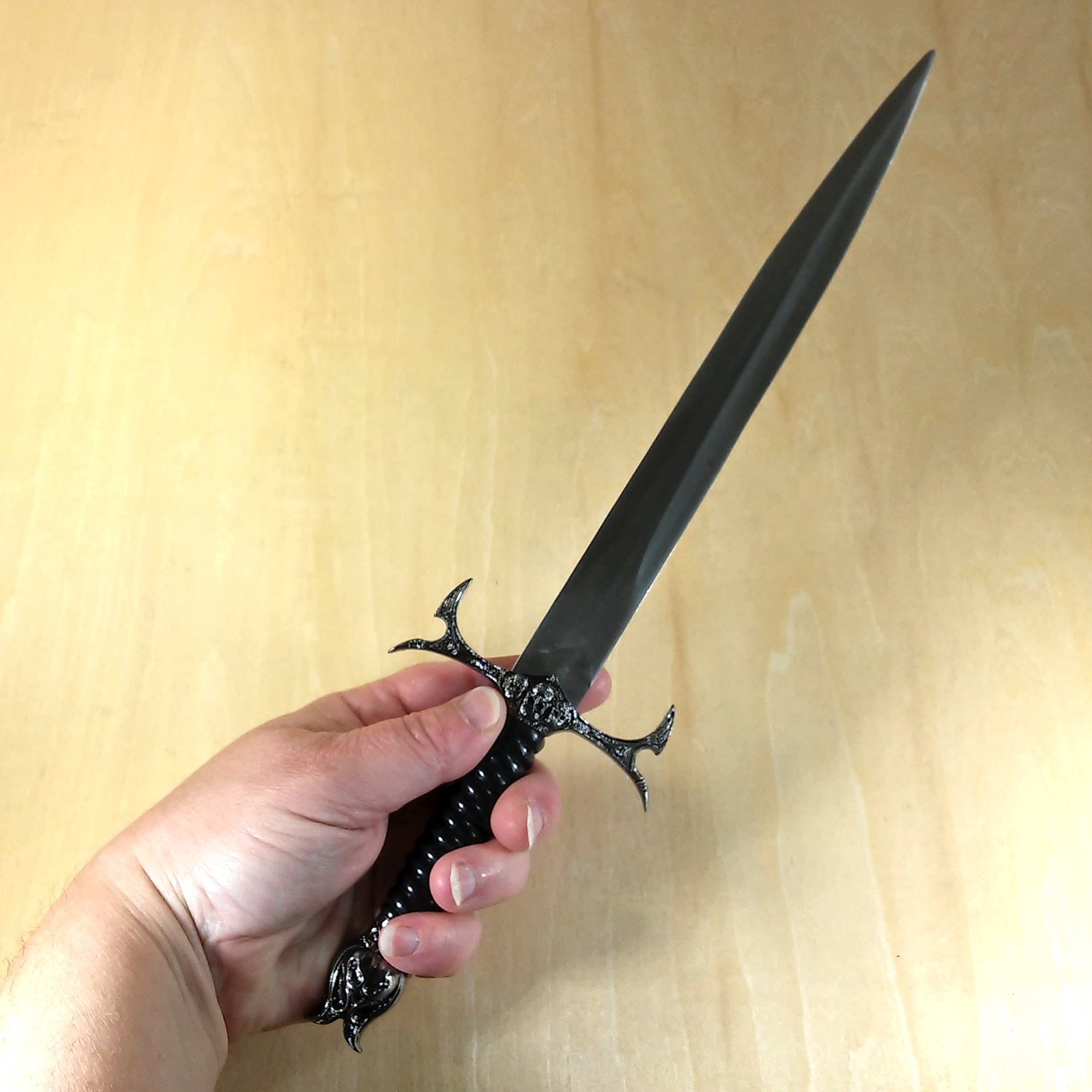 Black altar athame, adorned with skulls, matching sheath, ritual dagger with antique silver finish, 12-1/2" #20368